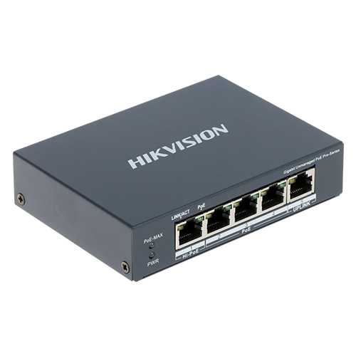 img23385large Switch 4 porturi PoE Gigabit, 1 port Hi-PoE, 1 port uplink 1G - HIKVISION DS-3E0505HP-E - imagine 1